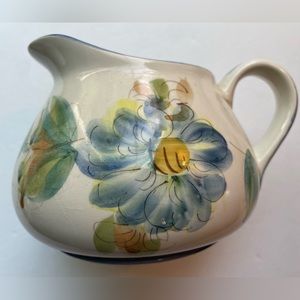 VTG handpainted Secla made in Portugal wide mouth ceramic blue flower pitcher
